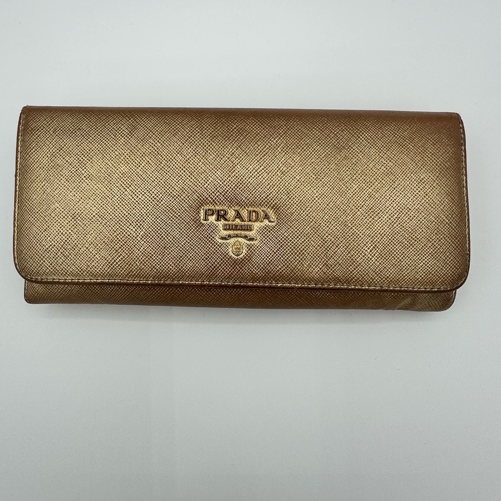 Authentic Prada Metallic Gold Saffiano Leather Logo Flap Continental Wallet